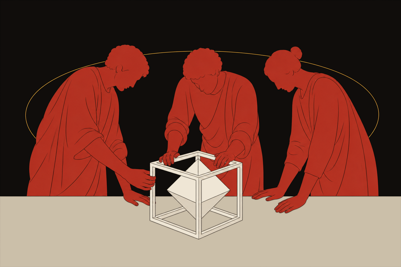 两三个人站着围台，手在一件做成的器物上。